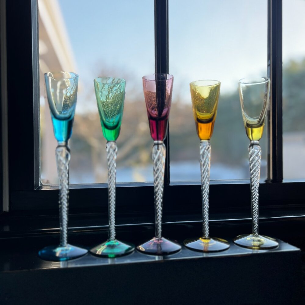 Stuart Lot 5 Long Stem Cordial Flute IONA AIR TRAP SPIRAL TWIST Colorful Crystal